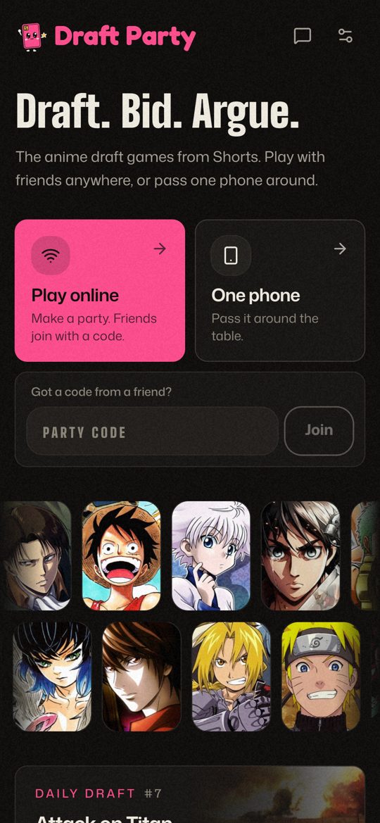 The Draft Party home screen with Play online and One phone buttons